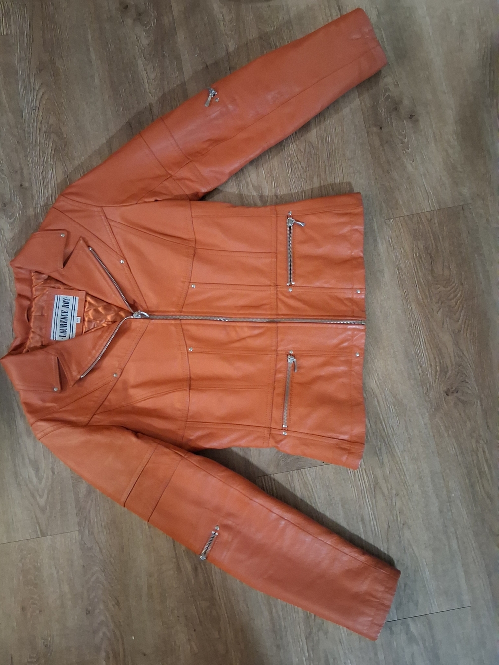 90s "LAURENCE ROY" Orange Leather Moto Jacket with Zip Details